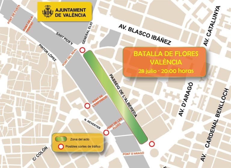 Restricciones de tráfico y de estacionamiento en València por la Batalla de Flores de este domingo